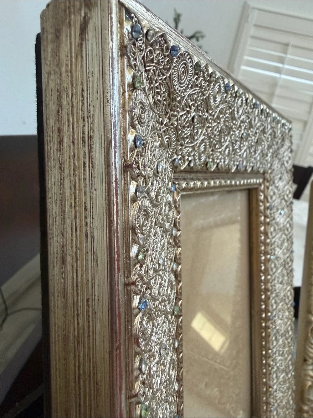 Set of 3 Vintage Style Gold Picture Frames – Embossed Filigree & Jeweled Rhinest